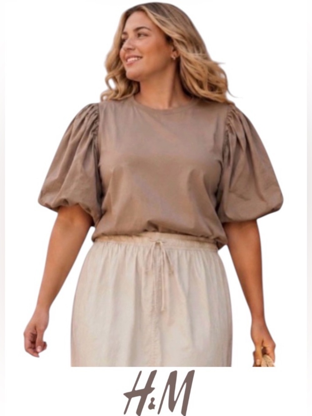 XXL Voluminous Sleeve Short Sleeve Cotton Top in Taupe from H&M